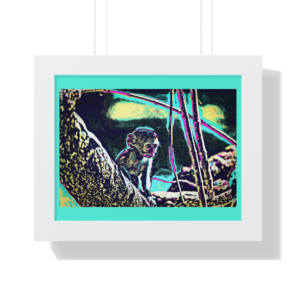 Playful Monkey on a Branch in Neon Pop Art Style Framed Poster - Image 3