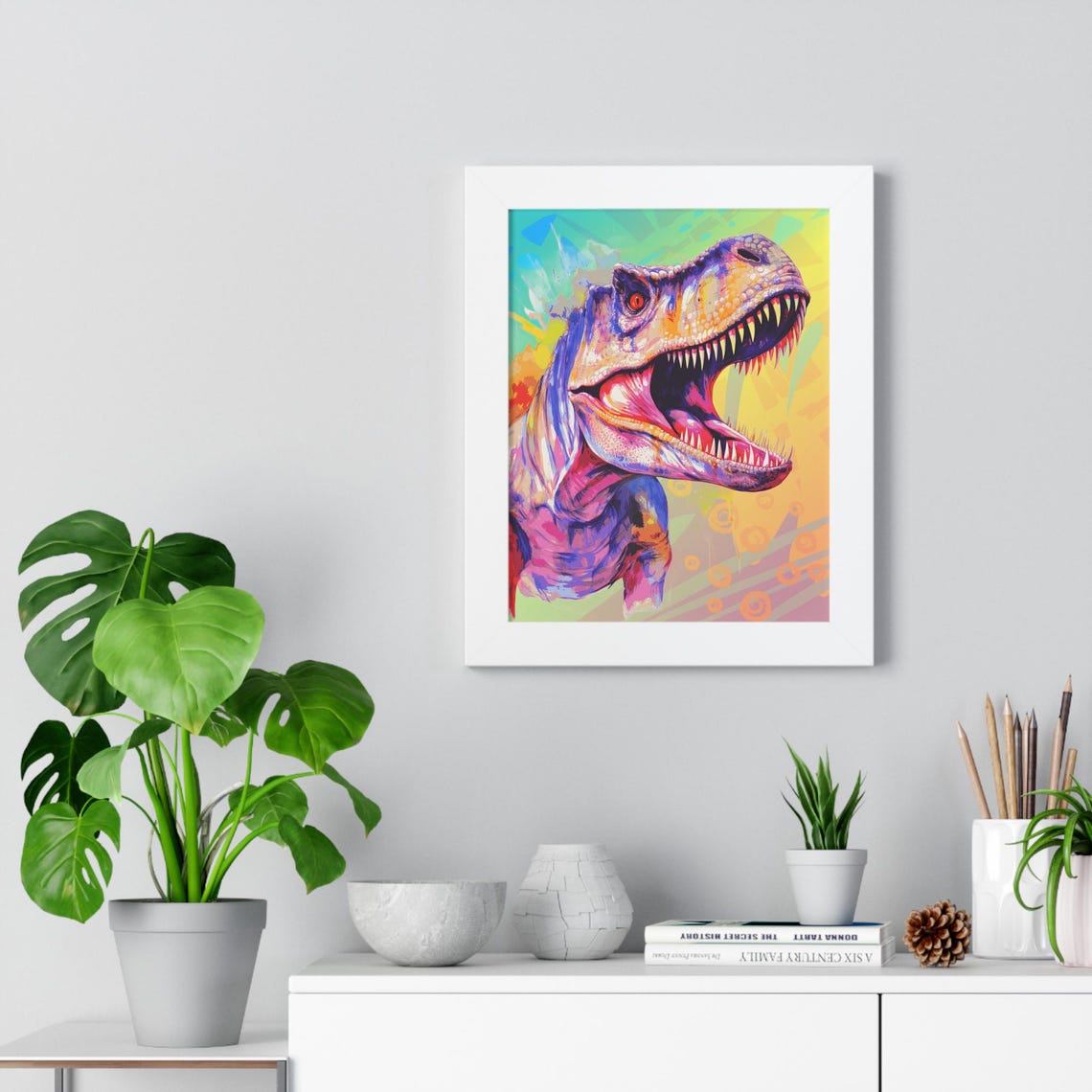 Roaring T-Rex Head in Neon Pop Art Colors Fierce Dinosaur Poster - Image 3