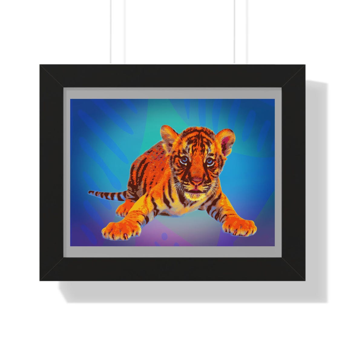 Baby Tiger Cub Pop Art Poster Playful Tiger on Blue Background