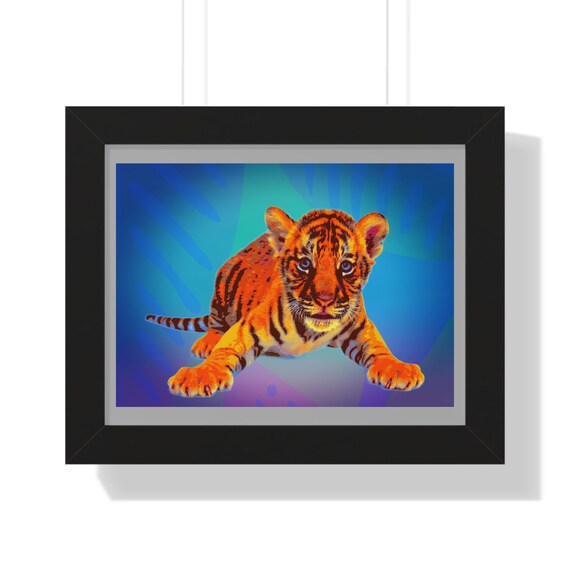 Baby Tiger Cub Pop Art Poster Playful Tiger on Blue Background