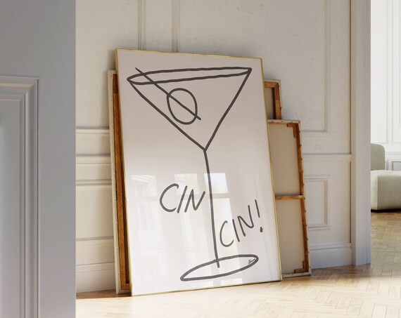 Cin Cin Martini Glass Line Art Cocktail Bar Cart Decor Print