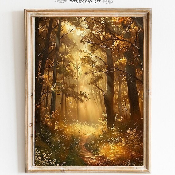 Golden Sunlit Forest Path With Sunbeams Through Autumn Trees Print