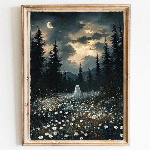 Ghost In Forest Art Magical Flower Meadow Print Whimsical Halloween Decor Dark Academia Spooky Wall Art Fall Season Cute Ghost Print 701