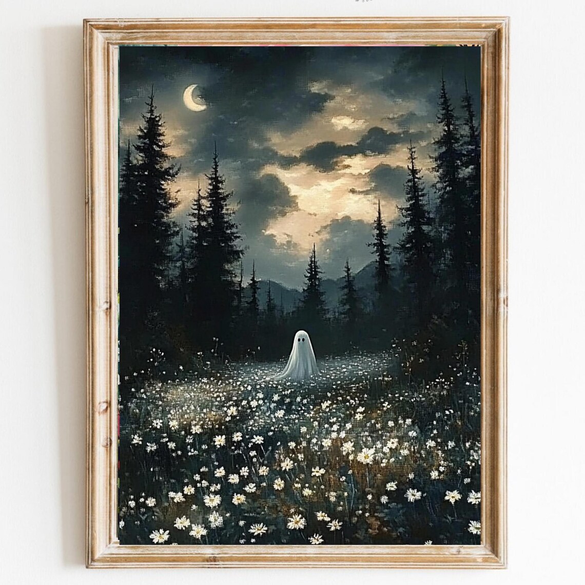 Cute Ghost in a Moonlit Wildflower Meadow Whimsical Wall Art