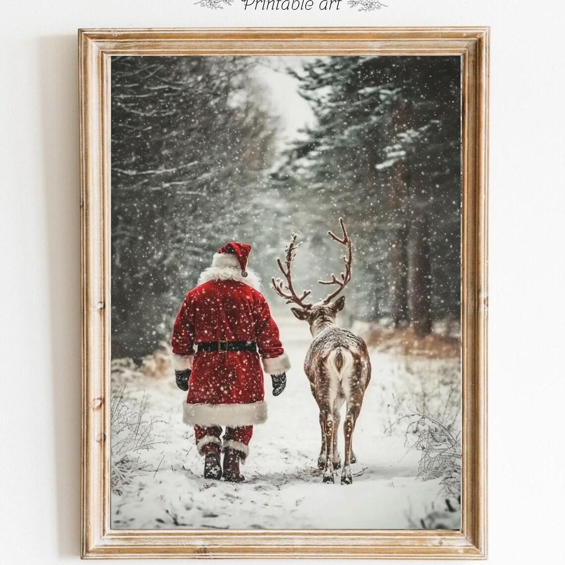 Santa Claus Walking Reindeer Snowy Forest Christmas Art Poster