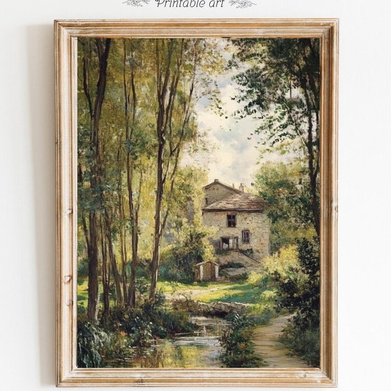 Farmhouse Oil Painting Vintage Rustic Landscape Wall Art Living Room Decor Cottagecore Country Landscape Wall Art Vintage Art 690