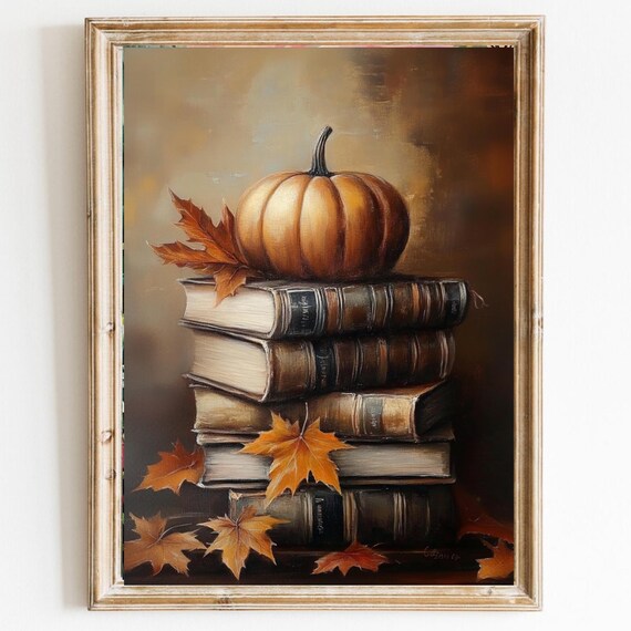 Pumpkin on a Stack of Books with Maple Leaves Autumn Fall Poster
