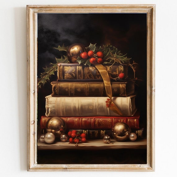 Rustic Christmas Wall Art Book Art Still Life Vintage Christmas Oil Painting Dark Academia Moody Decor 706