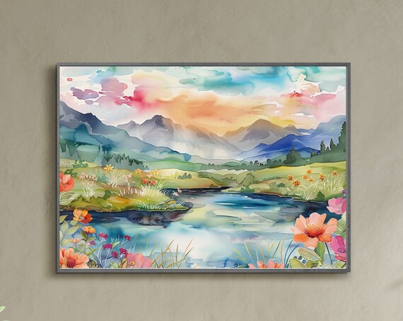Watercolor Lake With Wildflowers And Mountains At Pastel Sunrise Print
