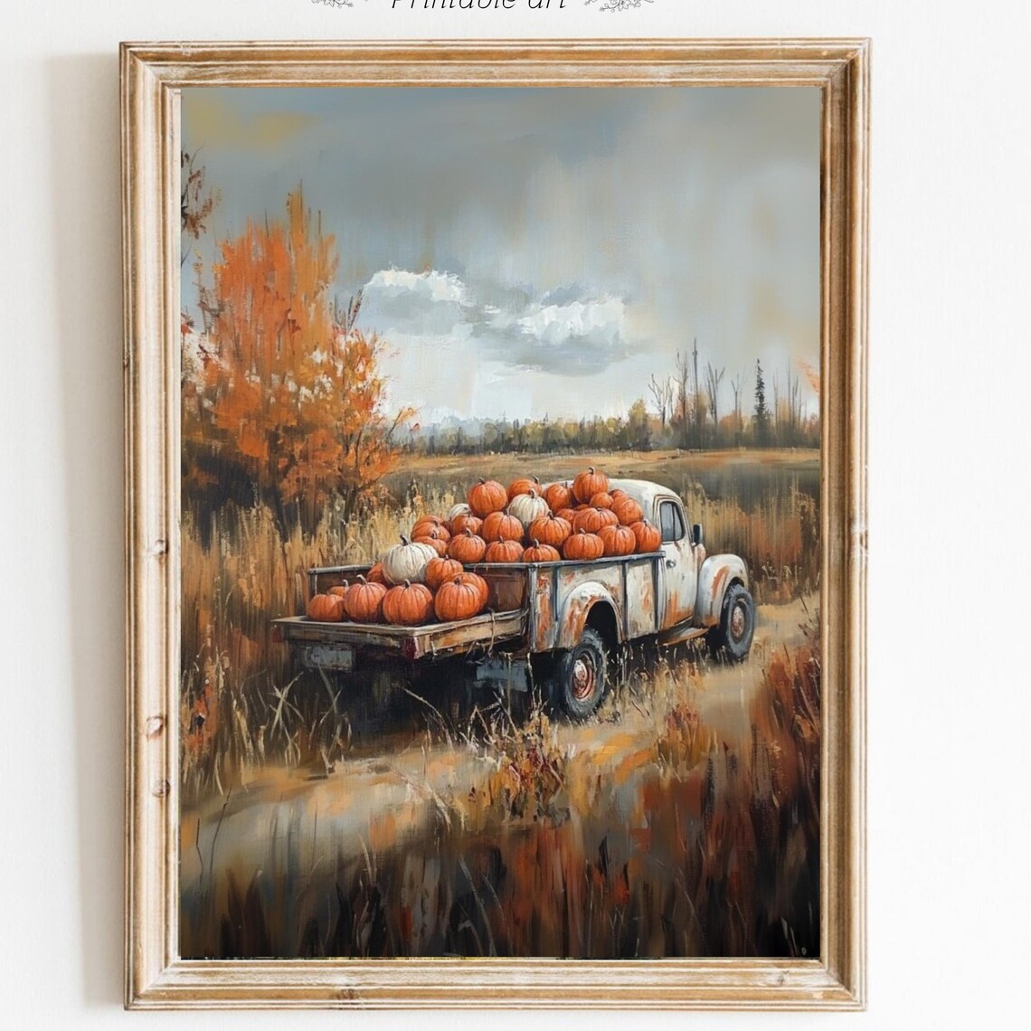Vintage White Truck Loaded With Pumpkins Autumn Field Fall Decor Poster
