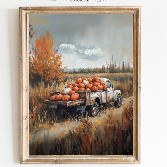 Vintage White Truck Loaded With Pumpkins Autumn Field Fall Decor Poster