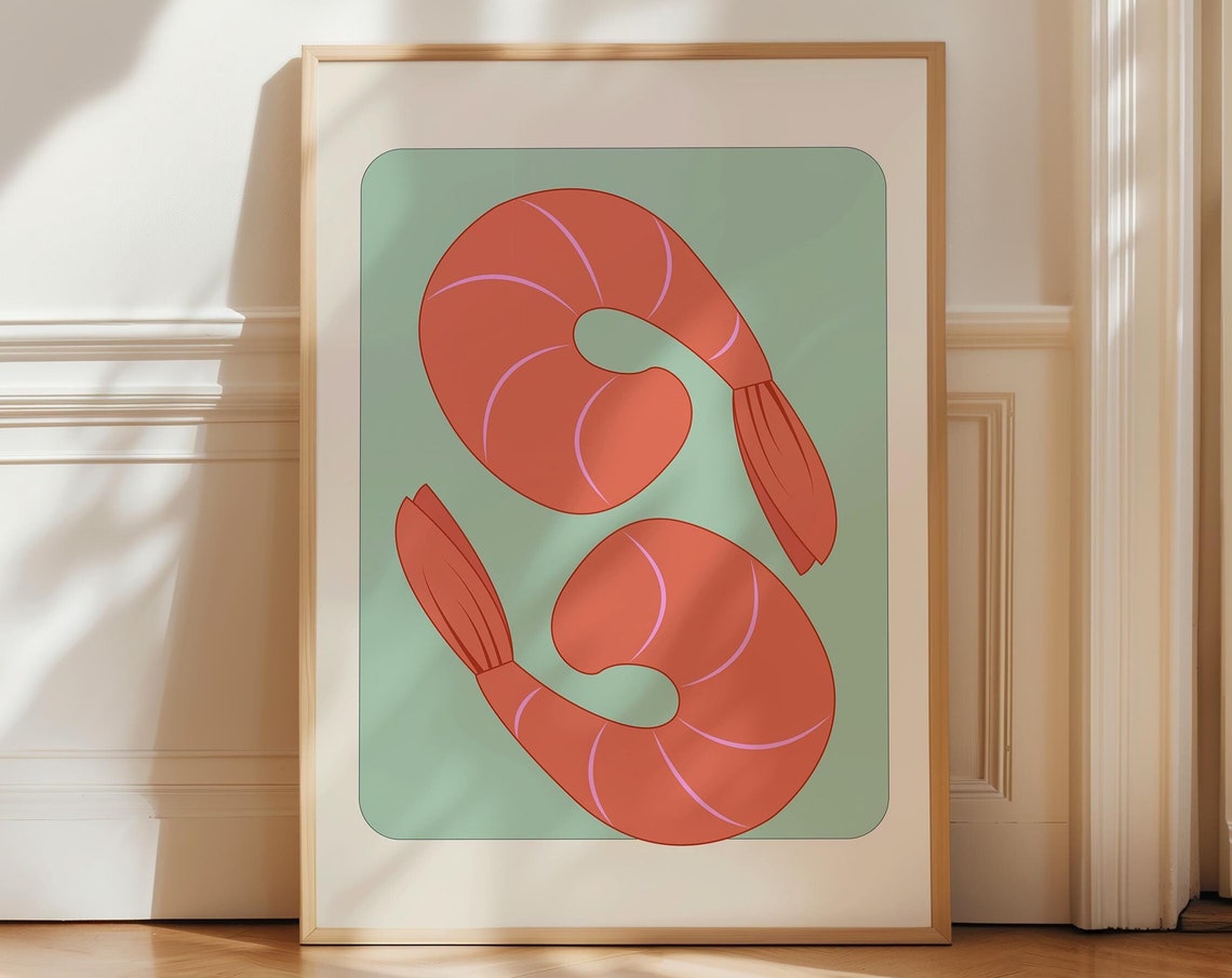 Two Shrimp Prawns Mint Green Kitchen Seafood Illustration Poster