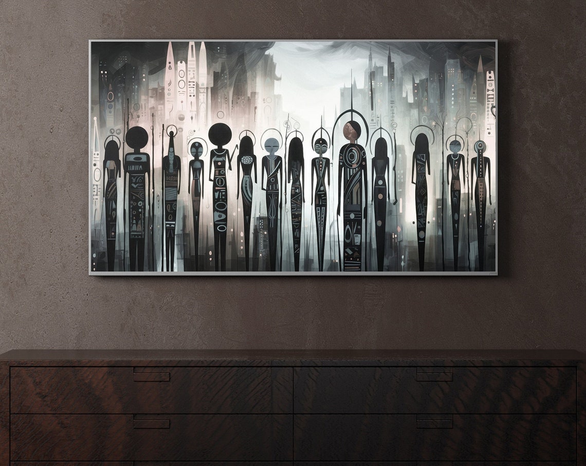 Abstract Tribal Figures Misty Cityscape Monochrome Modern Art Poster