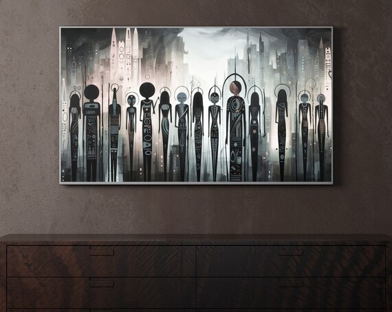 Abstract Tribal Figures Misty Cityscape Monochrome Modern Art Poster
