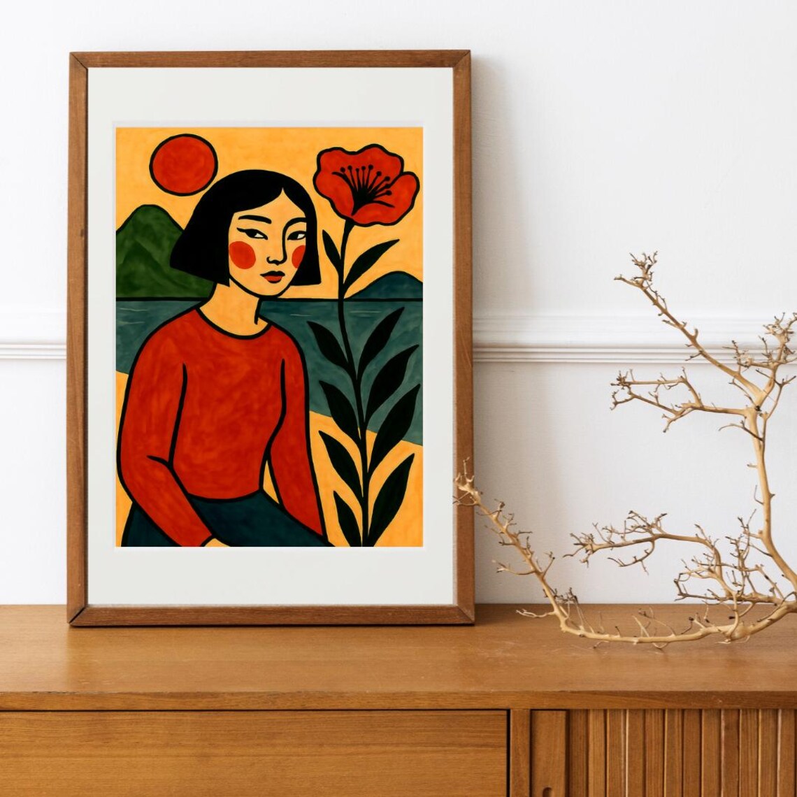 Woman with Red Flower Naive Folk Art Sunlit Portrait Style Poster