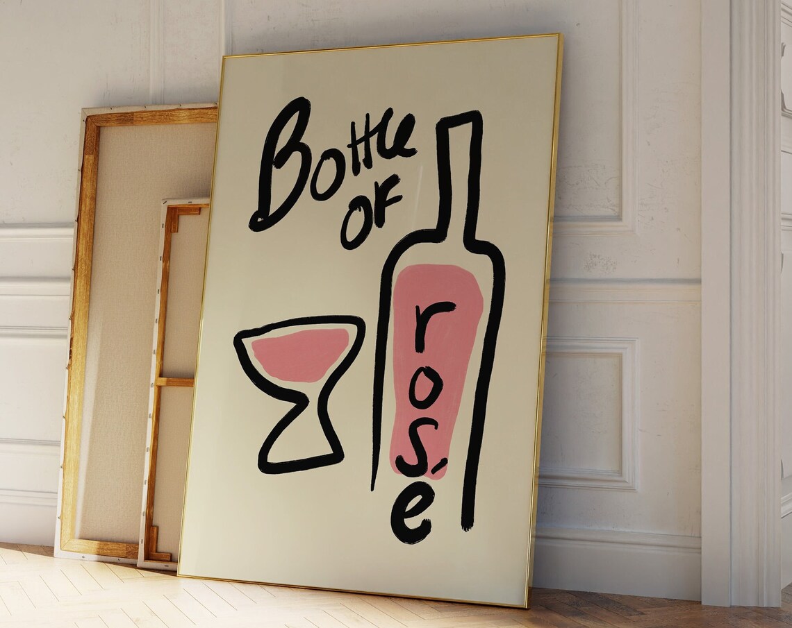 Bottle Of Rosé Pink Wine Bottle And Glass Sketch Bar Cart Poster