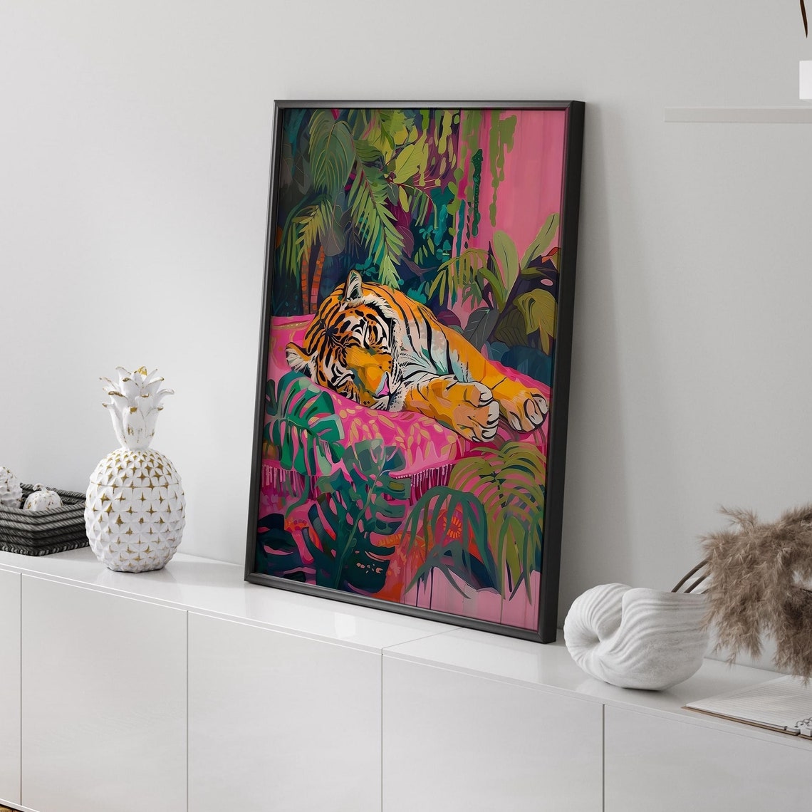 Sleeping Tiger Pink Jungle Botanical Maximalist Bedroom Wall Art