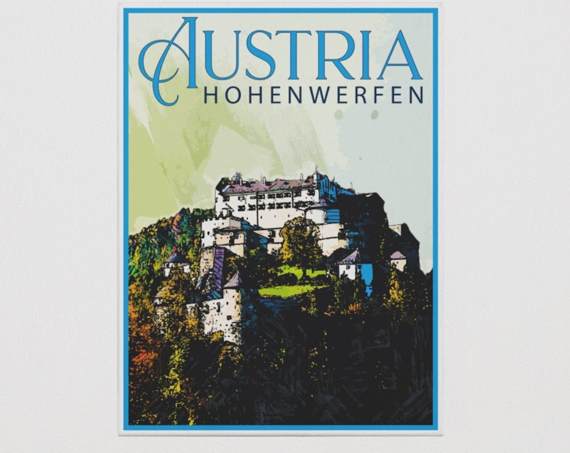 Austria Hohenwerfen Medieval Castle Hilltop Watercolor Travel Poster