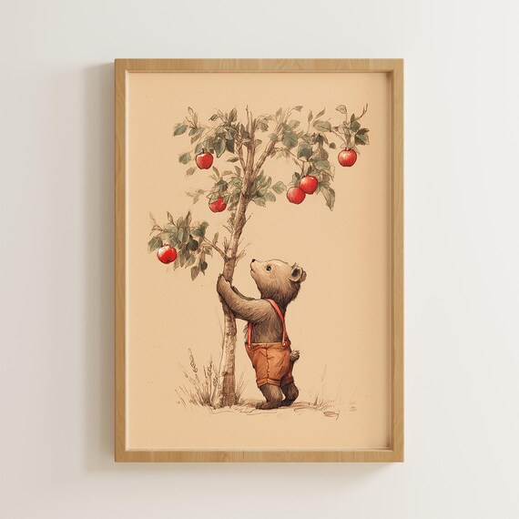 Vintage Baby Bear Apple Tree Nursery Poster Cute Cub Illustration