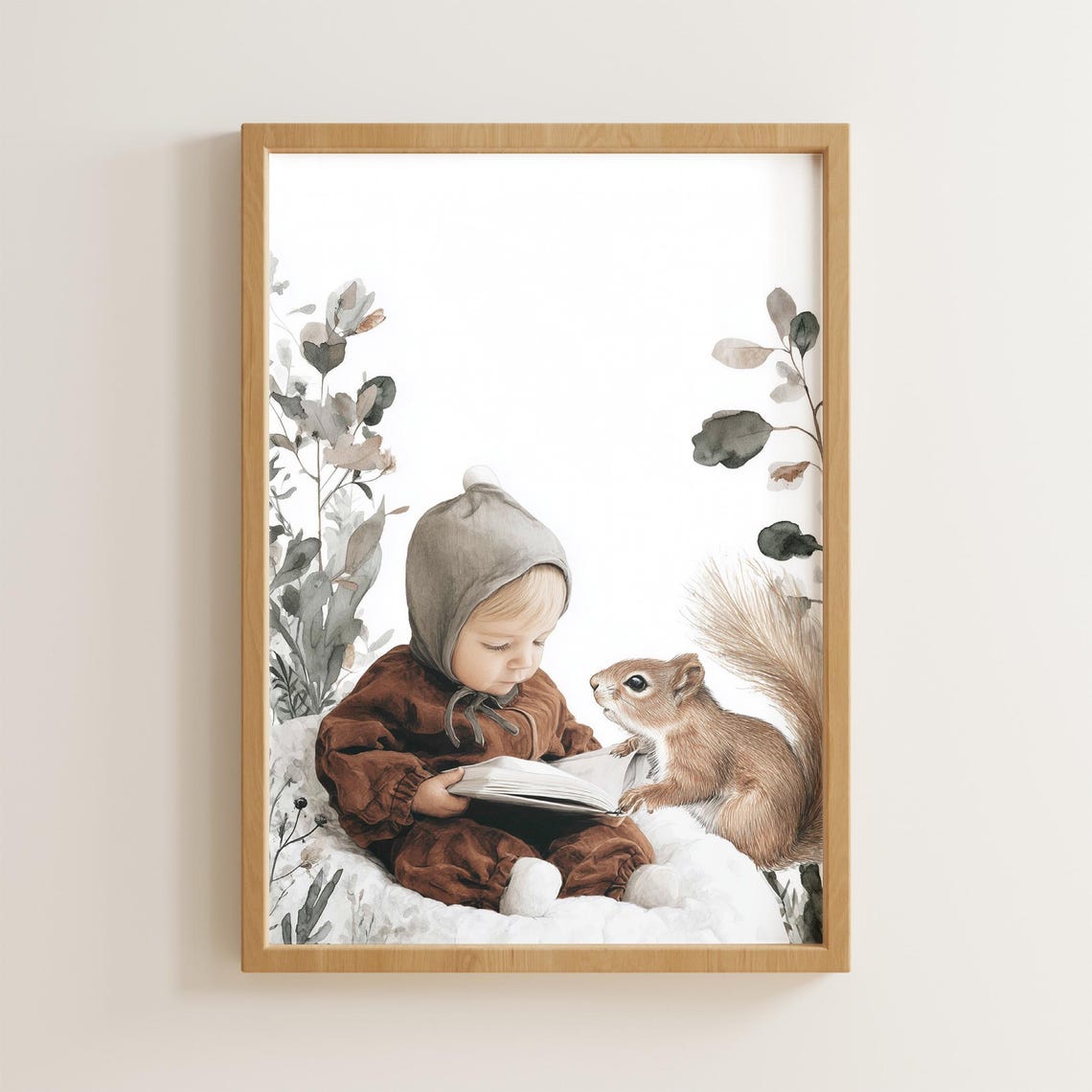 Watercolor Baby Reading Book With Squirrel Nursery Art Poster