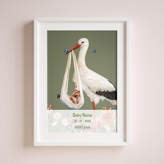 Personalized Baby Name Stork Birth Stats Floral Nursery Gift Poster