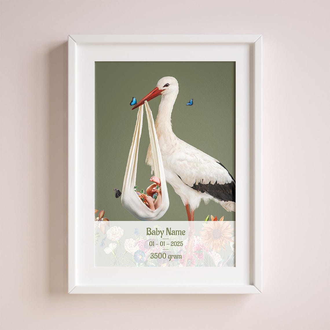 Personalized Baby Name Stork Birth Stats Floral Nursery Gift Poster