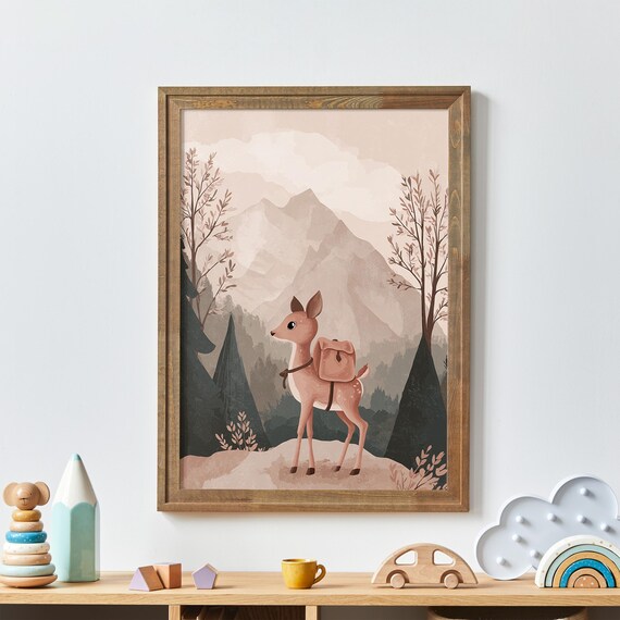Deer With Backpack Hiking Mountain Nursery Poster Playful Woodland Art