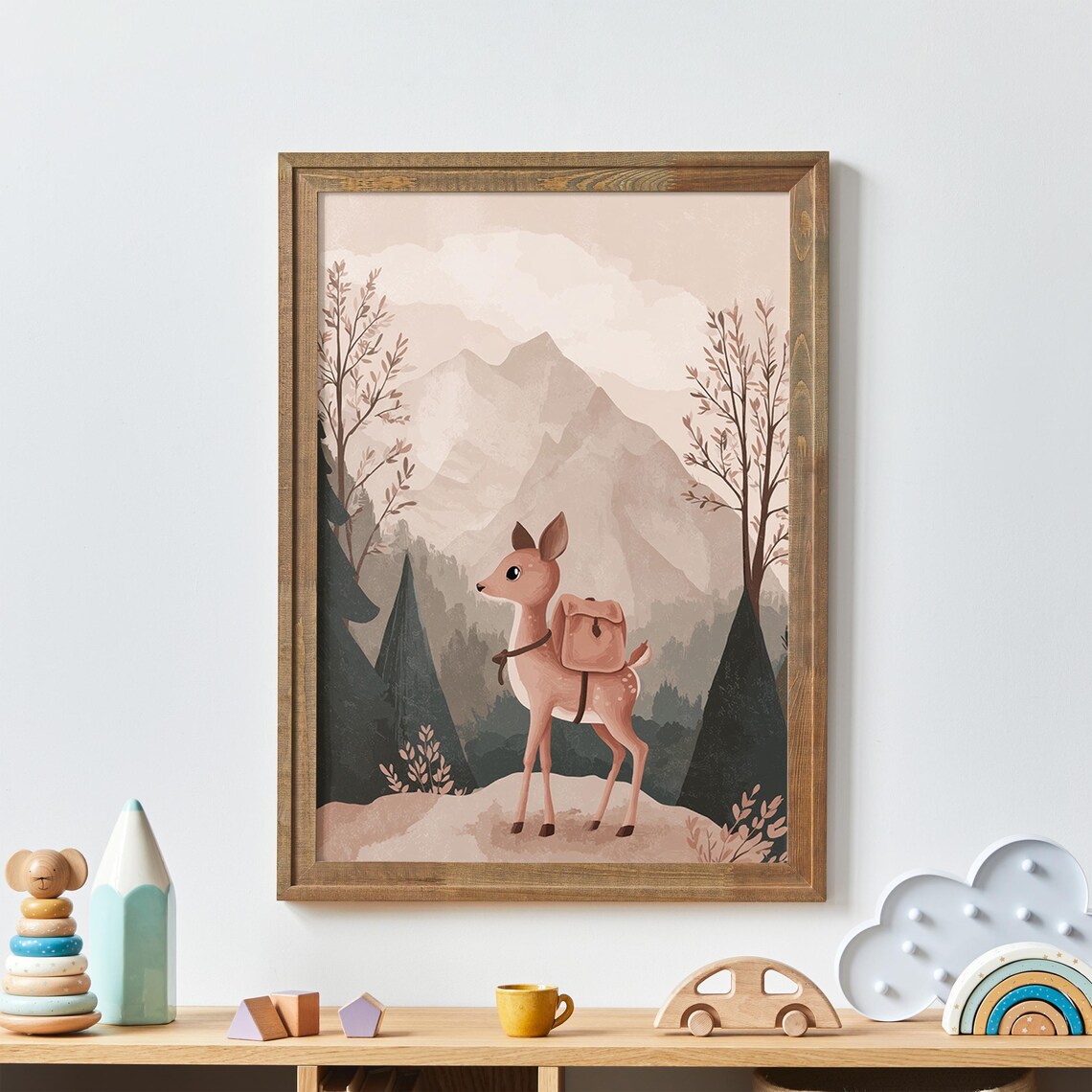 Deer With Backpack Hiking Mountain Nursery Poster Playful Woodland Art