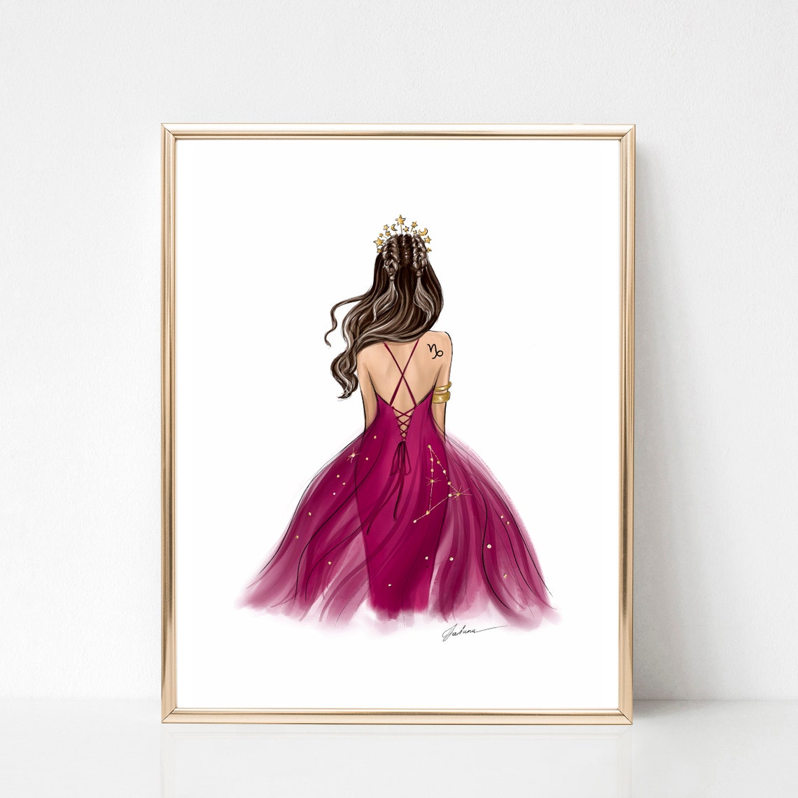 Capricorn Zodiac Fashion Illustration Emerald Gown Starry Art Poster - Image 3