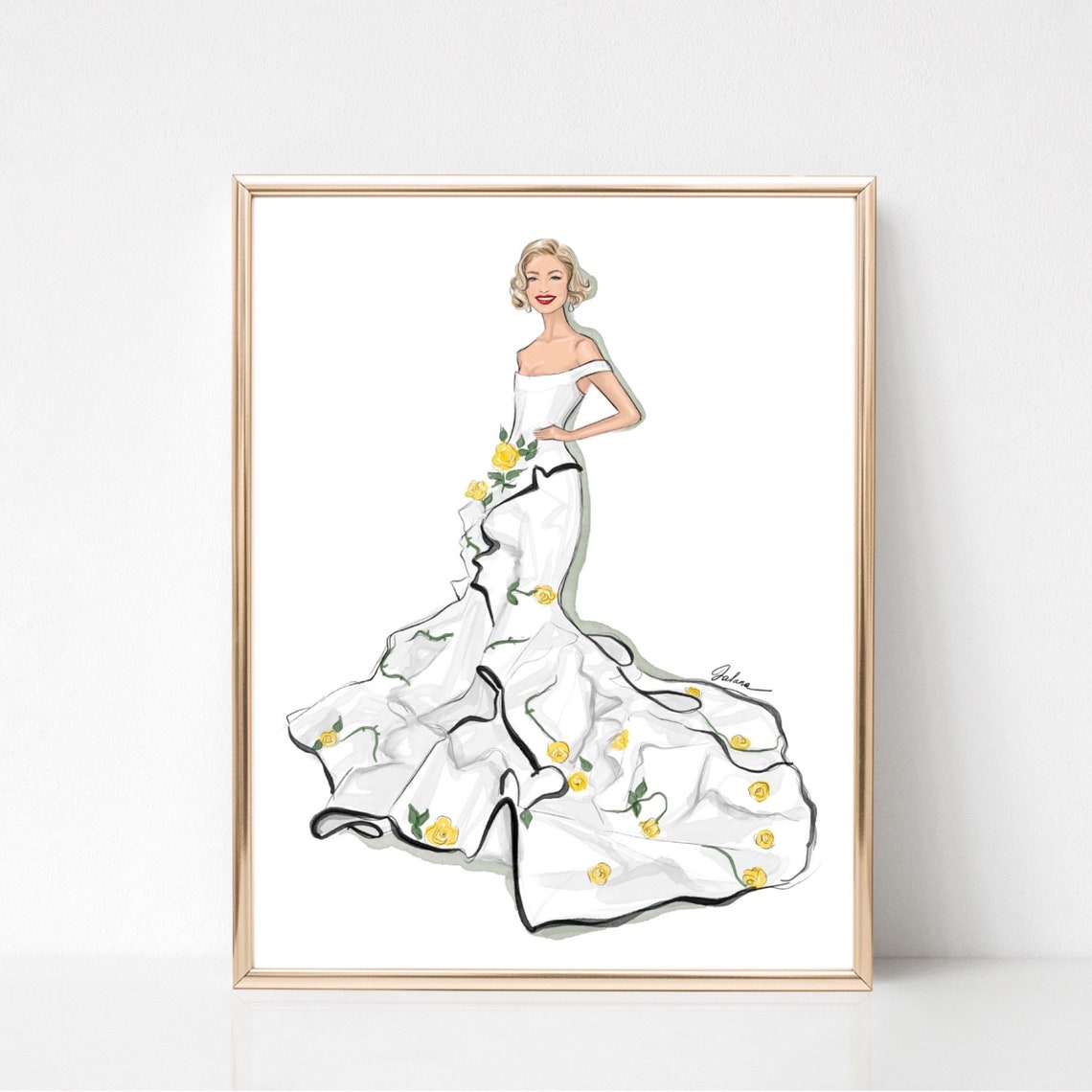Blonde Woman White Gown with Yellow Roses Fashion Art Poster