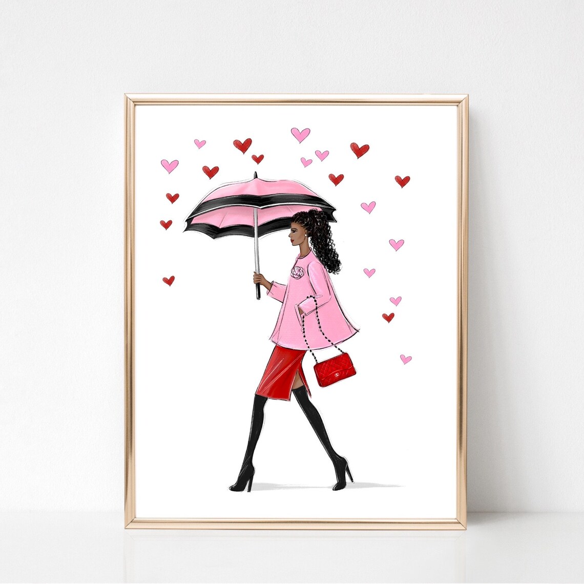 Pink Umbrella Girl with Hearts Valentine Fashion Illustration Poster - Image 2