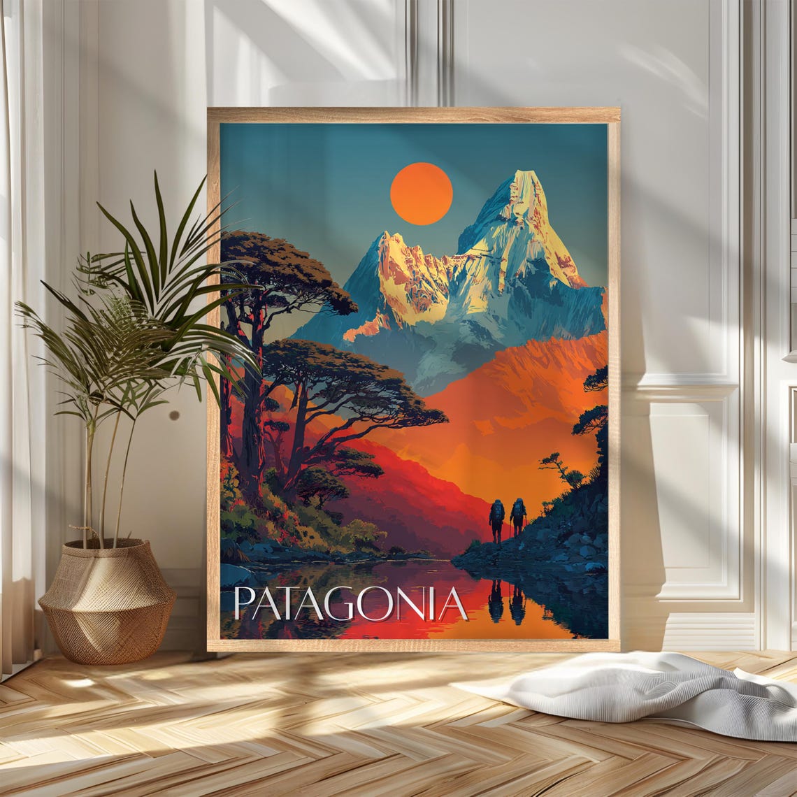 Patagonia Snowcapped Mountain Peak Hikers Sunset Travel Poster