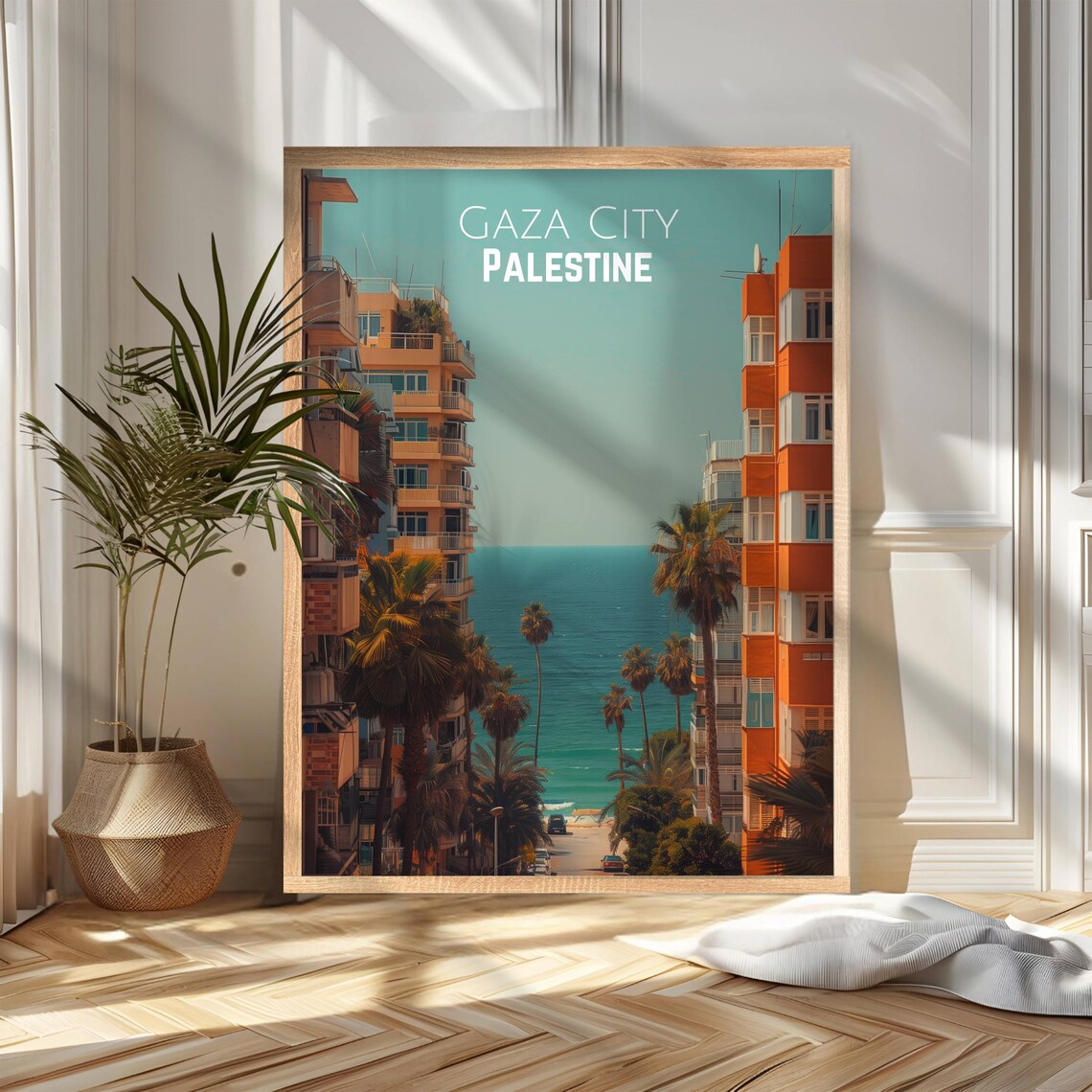 Gaza City Palestine Coastal Street Palms and Sea Travel Poster