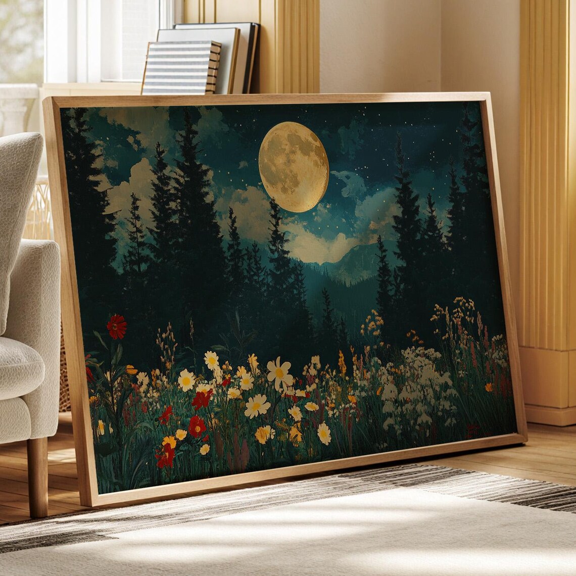 Moonlit Forest Landscape, Rustic Nature Decor