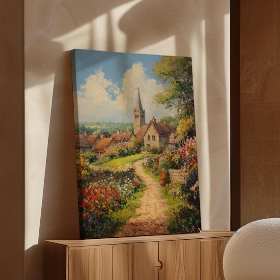 Charming Village Church Path Floral Garden Landscape Art Poster