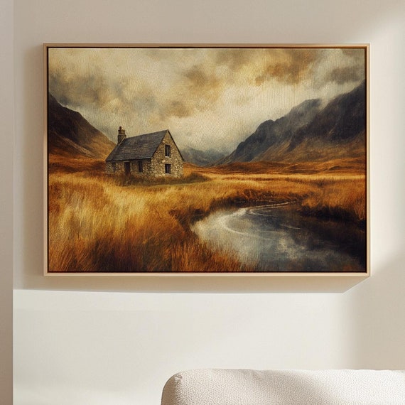 Rustic Stone Cottage Wall Art Serene Highlands Landscape With Golden Fields And River Vintage Oil Painting Style Decor
