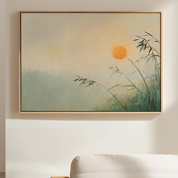 Tranquil Bamboo Orange Sun Misty Green Zen Landscape Wall Art