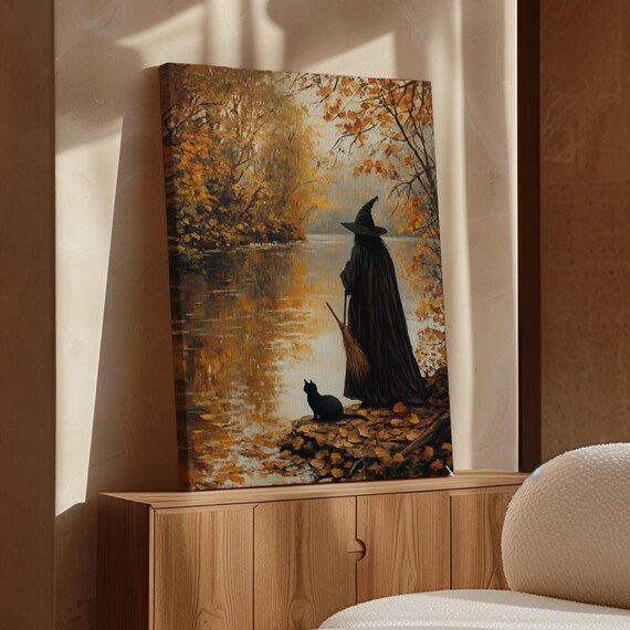 Autumn Witch Black Cat Lakeside Fall Halloween Cottagecore Poster