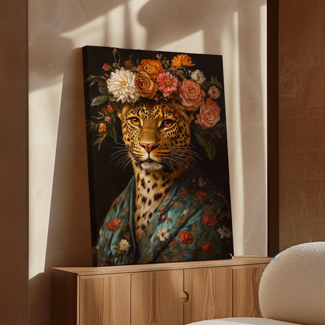Leopard Floral Crown Teal Robe Vibrant Blooms Boho Portrait Poster