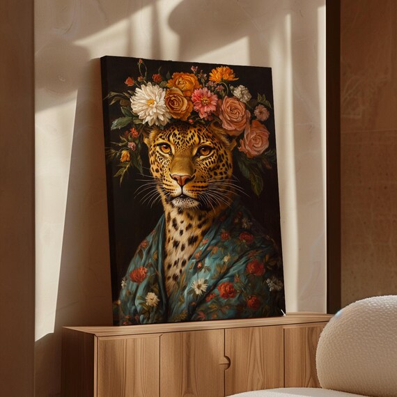 Leopard Floral Crown Teal Robe Vibrant Blooms Boho Portrait Poster