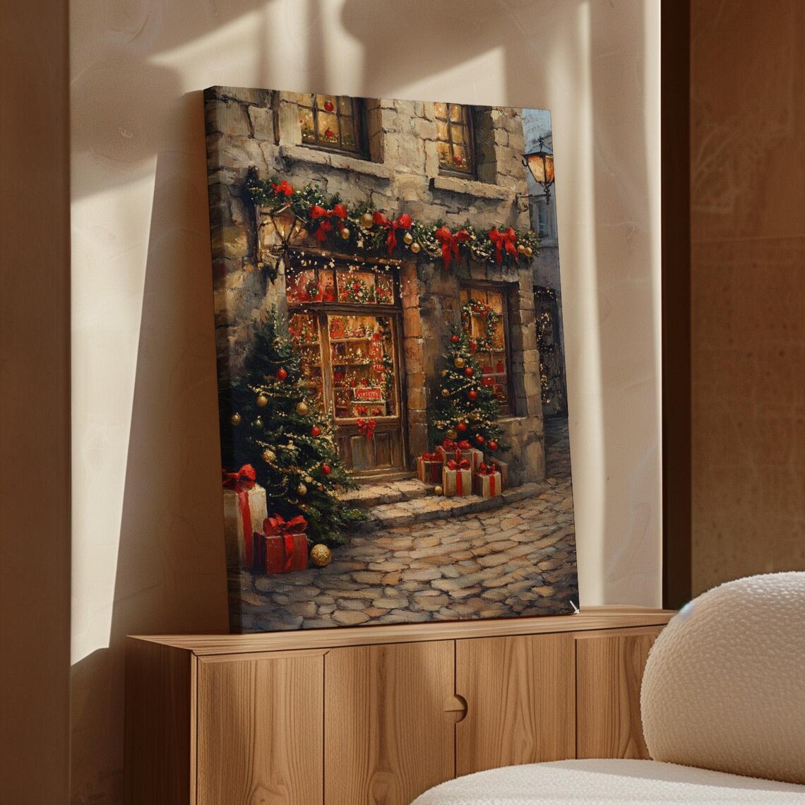 Christmas Shop Holiday Storefront Garland Wreaths Festive Scene Poster