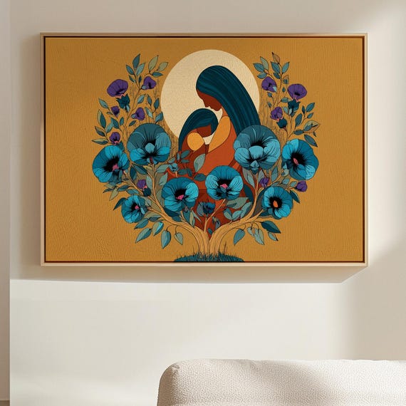 Mother And Child Canvas Art Floral Embrace With Bold Blue Blooms Symbolic Family Love Wall Decor In Modern Boho Indigenous Style