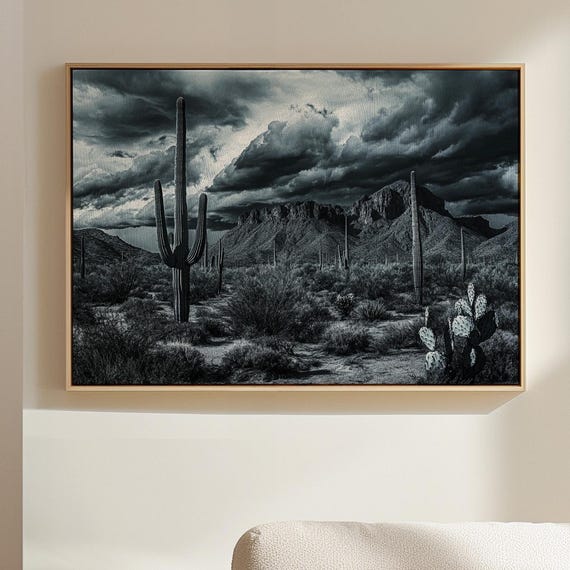 Moody Desert Wall Art Black And White Cactus Print Stormy Southwest Landscape Saguaro Cactus Mountain Scene Western Decor