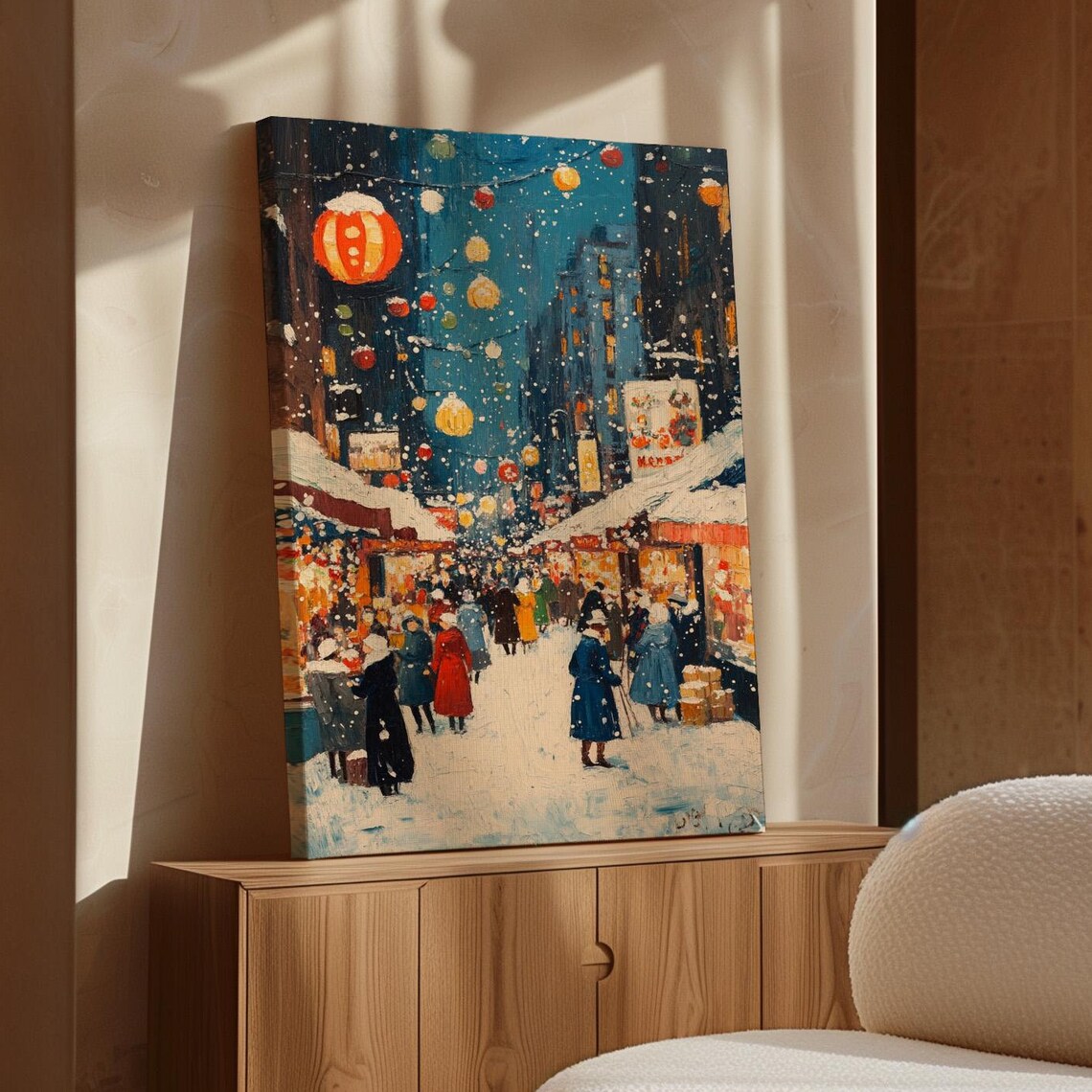 Christmas Market Snowy Night Festive Lanterns Stalls Holiday Poster