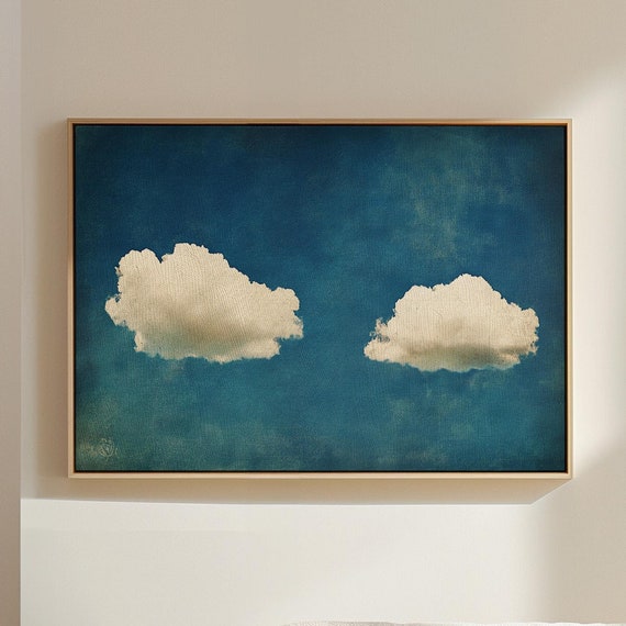 Rustic Cloudscape Art Two Fluffy Clouds On Distressed Blue Sky Minimalist Wall Decor For Calm Vintage Inspired Interiors