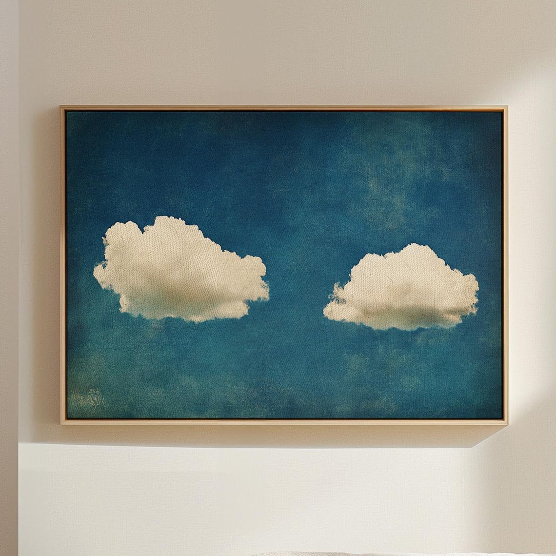 Rustic Two Cloud Cloudscape On Distressed Teal Blue Sky Art Poster