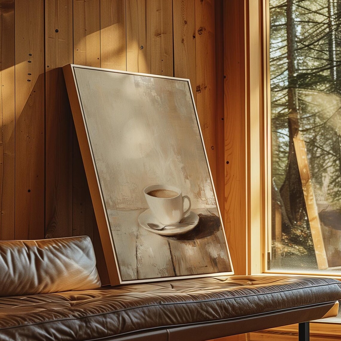 Minimalist Coffee Cup on Rustic Table Cozy Cabin Painting Wall Art