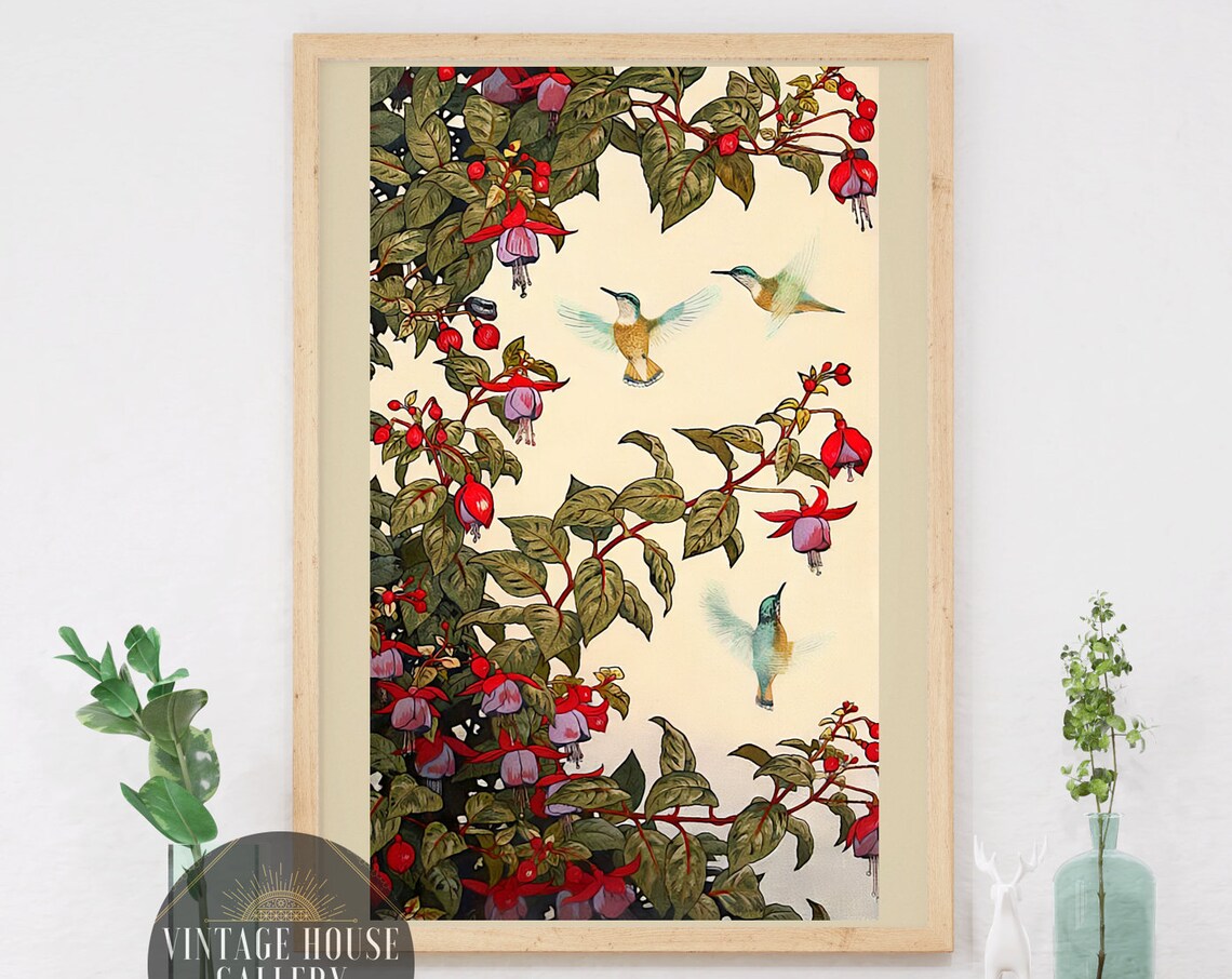 Hummingbirds Among Red Fuchsia Flowers Vintage Decorative Art Poster