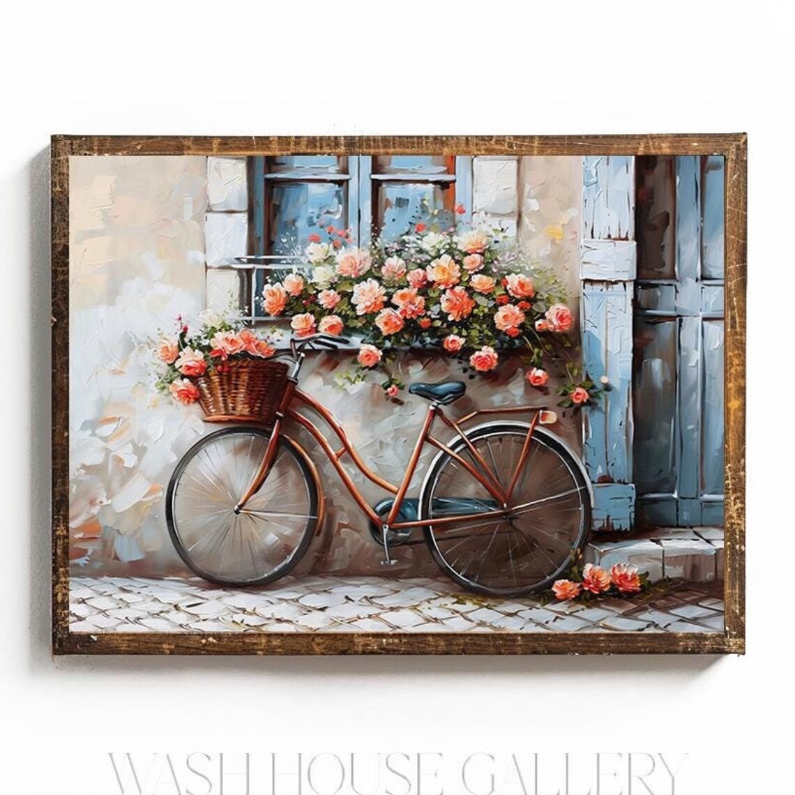Vintage Bicycle With Flower Basket In French Village Art Poster