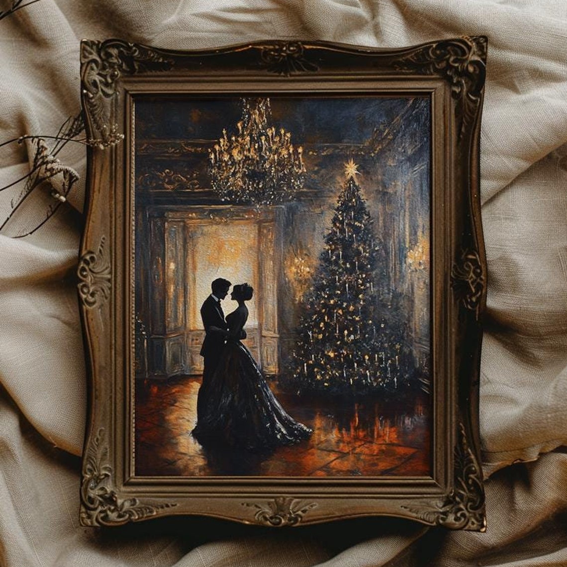 Couple Dancing in a Candlelit Ballroom with Christmas Tree Poster